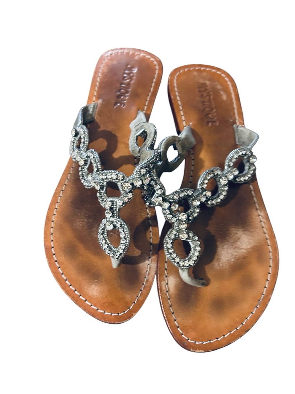 Rhinestone Chain Thong Sandals in Tan